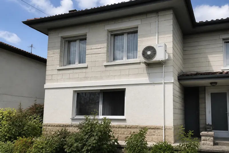 Rangée de maisons de ville avec, en façade, des unités extérieures de climatisation fixées au mur