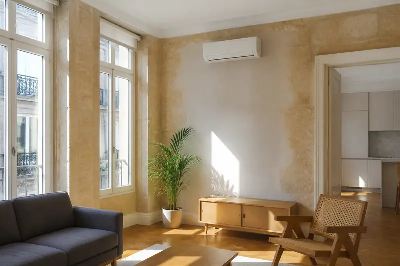 Façade d'immeuble ancien en pierre dont les fenêtres sont équipées de climatiseurs muraux discrets